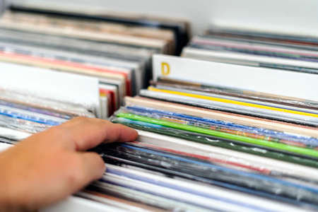 Choosing the vinyl in the vinyl record shop, Portugalの写真素材