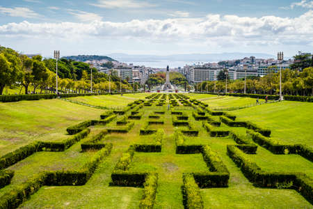 Eduardo VII garden with a statue of the Marquis of Pombal at the end, Lisbon, Portugalの写真素材