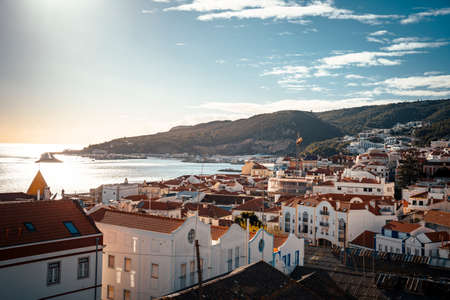 Sesimbra cityscape with historic old town and Atlantic ocean, Setubal region, Portugalの写真素材