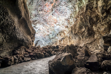 Stunning Verdes Cave with colorful illumination, Lanzarote, Canary Islands, Spainの写真素材