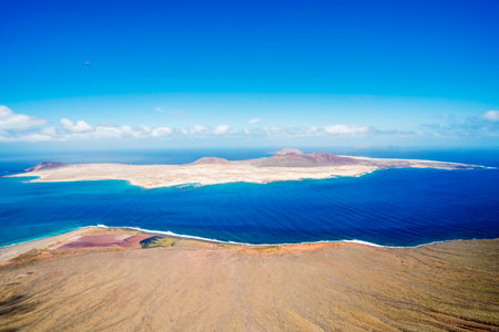 Graciosa island seen from Miraror del Rio viewpoint on Lanzarote Island, Canary Islands, Spainの写真素材