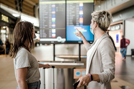 Two traveling women wearing protective masks discussing by flight information board at the Faro airportの写真素材