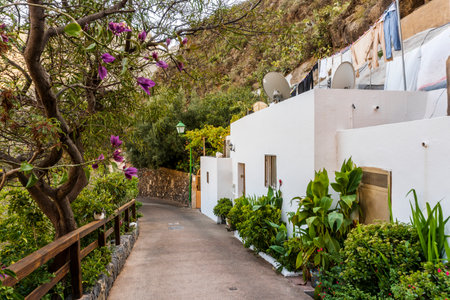White houses on the slopes of Guayadeque ravine, Gran Canaria, Canary Islands, Spainの写真素材