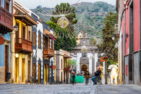 Illuminated main street in historic Teror, Gran Canaria, Canary Islands, Spainの写真素材