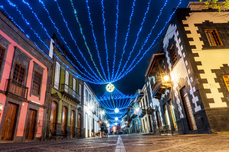 Illuminated main street in historic Teror, Gran Canaria, Canary Islands, Spainの写真素材