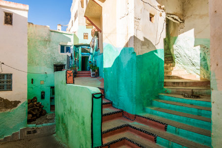 Colorful street, square and stairs in Moulay Idriss, Morocco, North Africaの写真素材