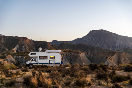 Camper van in The Tabernas Desert (Spanish: Desierto de Tabernas) is one of Spain's semi-arid deserts, located within Spain's south-eastern province of Almeria. It is in the interior, in the Tabernas municipality in Andalusia. almeria, andalusia, spain.の写真素材