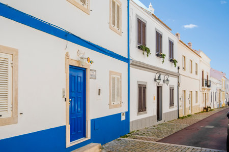 Awesome view of portuguese traditional houses, algarve typical design and architecture, traditional whitewashed places, Albufeira, Algarve, Portugalの写真素材