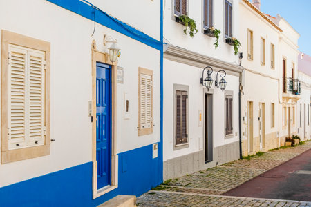 Awesome view of portuguese traditional houses, algarve typical design and architecture, traditional whitewashed places, Albufeira, Algarve, Portugalの写真素材