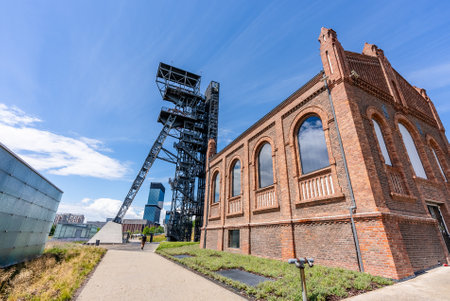 View of tower shaft Warszawa II and Silesian museum, Katowice, Poland