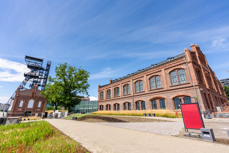 View of tower shaft Warszawa II and Silesian museum, Katowice, Poland