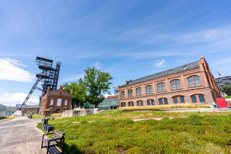 View of tower shaft Warszawa II and Silesian museum, Katowice, Poland