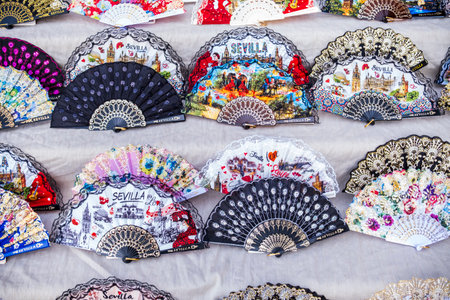 Beautiful, colorful flamenco fans in Seville, Andalusia, Spainの写真素材