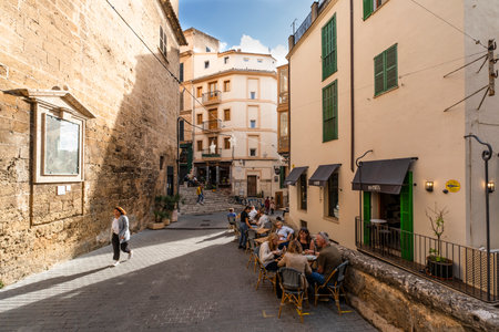Palma de Mallorca, Spain - October 30 2023: charming Spanish streets on a sunny day, Europe