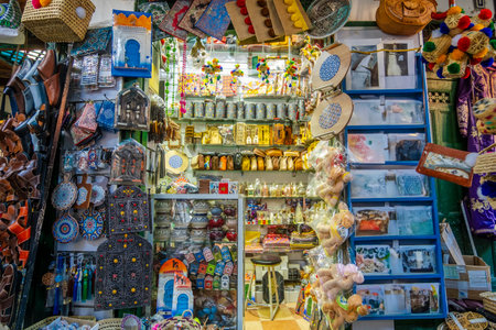 Marketplace in historic medina, full of souvenirs, leather bags, metal pieces, Tetouan, Morocco, North Africaの写真素材