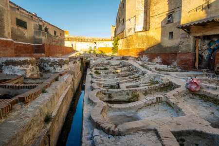 Historic Tannery with tanks for Dyeing Leather in Tetouan, Morocco, North Africaの写真素材