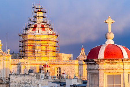 Rabat skyline with St Paul church dome on the left during sunset, Rabat Mdina, Maltaの写真素材