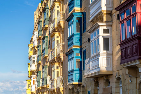 Amazing historic houses with colorful wooden balconies in La Valletta, capital city of Maltaの写真素材