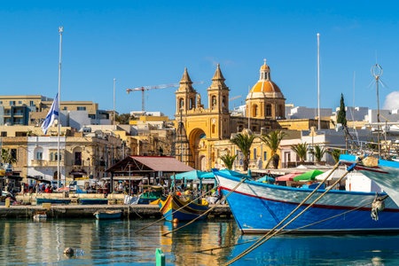Beautiful view of Marsaxlokk, traditional Maltese fisherman village on south of the island, Maltaの写真素材