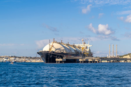 Floating Storage Unit or FSU next to power station by Marsaxlokk, Malta