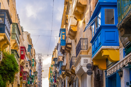 Wonderful historic houses with colorful wooden balconies in La Valletta, capital city of Maltaの写真素材