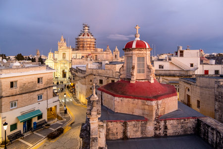 Rabat skyline with St Paul church dome on the left during sunset, Rabat Mdina, Maltaの写真素材