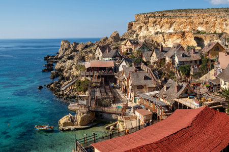 Scenic, colorful Popeye Village in Anchor Bay, Maltaの写真素材