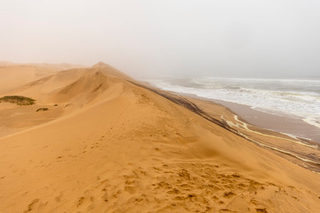 Golden dunes and the Atlantic Ocean near Namib-Naukluft Park, Namibia. A lagoon and shoreline fade...