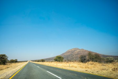 A road winding through the savanna north of Windhoek, Namibia, surrounded by open grasslands and scattered trees under a clear sky, capturing Namibia's rural landscape and natural beauty.の写真素材