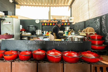 Food scene from Tandakie's Kitchen, Jackson Kaujeua Street, Swakopmund, Namibia. The image highlights local Namibian cuisine and authentic dining culture in one of Swakopmund's well-known community restaurantsの写真素材