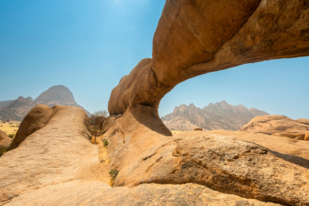 Granite peaks and rugged desert landscape at Spitzkoppe Community Campsite, Namibia. Golden grassland with scattered acacia trees contrasts against dramatic rocky mountains under a clear sky.の写真素材