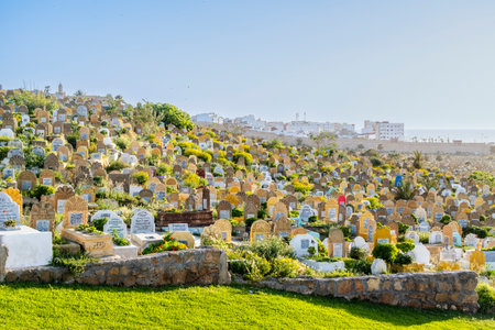 Casablanca, Morocco â April 21,2025: Scenic view of a hillside cemetery filled with colorful, intricately designed Arabic gravestones surrounded by lush greenery and blooming flowers. The peaceful burial ground overlooks the city and the Atlantic Ocean under a bright blue sky, blending cultural heritage with natural beauty.の写真素材