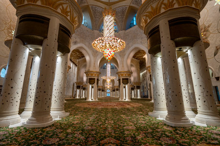 Abu Dhabi, United Arab Emirates - September 5, 2025: the majestic Sheikh Zayed Grand Mosque, featuring stunning white marble domes, elegant minarets, and intricate Islamic architecture. A symbol of Emirati heritage, faith, and cultural unity.の写真素材