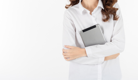 business women holding tablet with isolated white back groundの写真素材