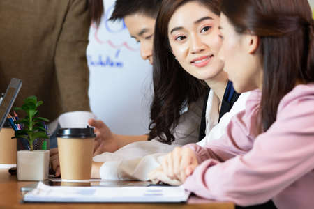 Business man and woman meetting talk about job for branding in office.