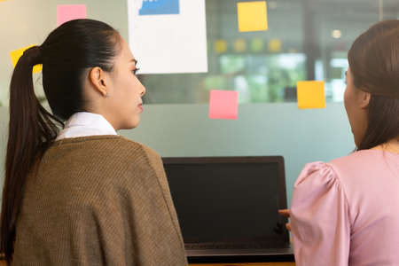 Business man and woman meetting talk about job for branding in office.