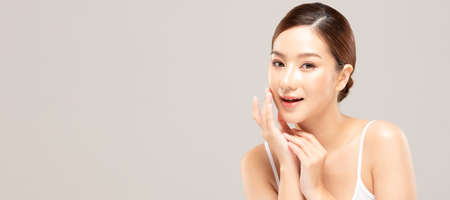 Beauty asian women  touching soft chinskin close up face beauty.の写真素材