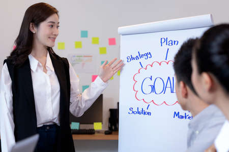 Asian business man and women meeting and talk about job in office.の写真素材