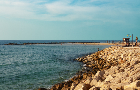 the breakwater extending from the beach into the seaの写真素材