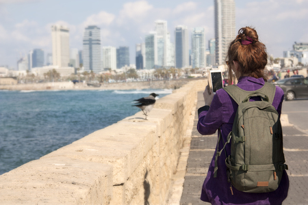 A woman tourist takes photo on a smartphone crow walking on the parapet along the sea in the Distance you can see the blurred beautiful white city.の写真素材