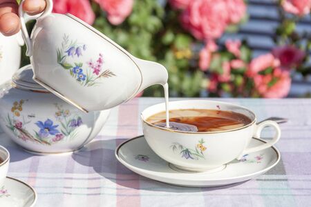 Tea in the English style on the background of rosesの写真素材