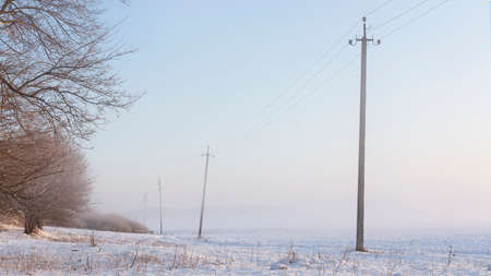 Winter morning landscape with power line polesの写真素材