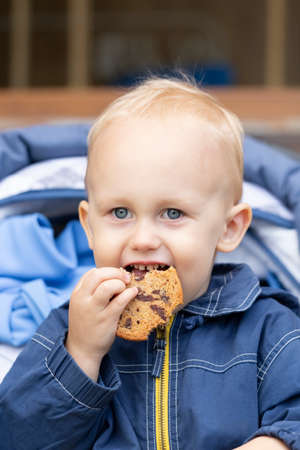 A baby is sitting in a stroller with a cookie in his handの写真素材