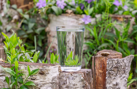 A glass of pure water surrounded by natureの写真素材