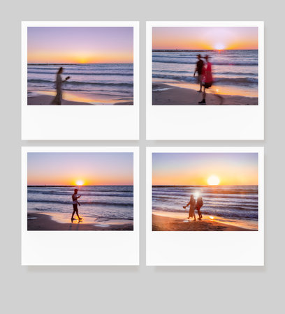 Blurred in motion people walking along the sea at sunsetの写真素材