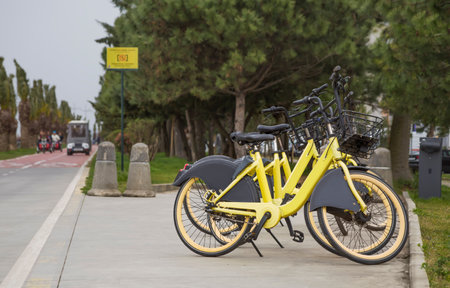 Yellow rental bicycles parked next to the bike pathの写真素材