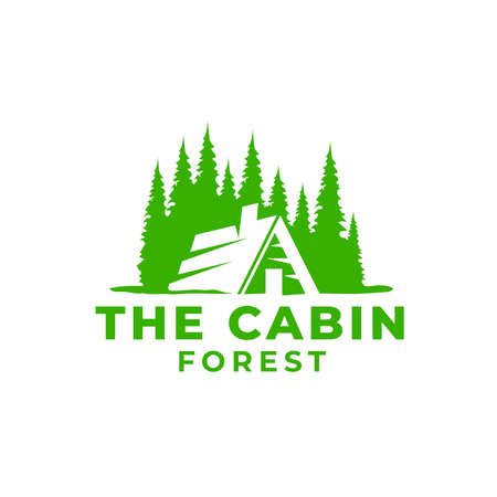 Vintage modern outdoor emblem with Mountain view and cabin house in forest logo icon vector templateのイラスト素材