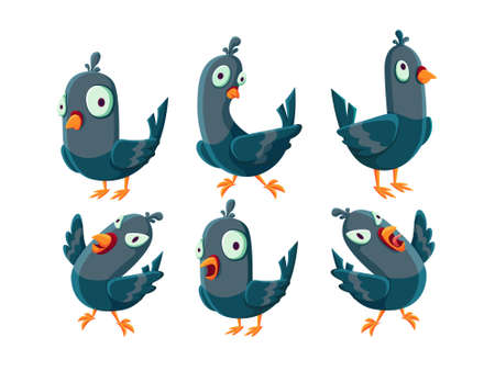 cartoon pigeon character set. Pigeons with different poses and emotions isolated on white backgroundのイラスト素材