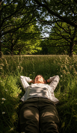 Person Lying in a Grassy Fieldの写真素材
