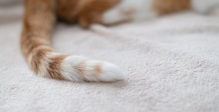 Cute cat tail brown tabby whiteの写真素材